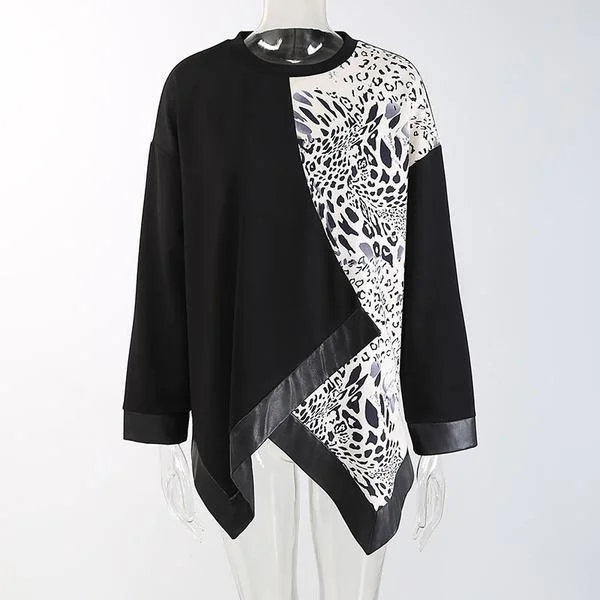Fashion Design Ltopard Patchwork Women Sweatshirt Winter Fashion New Contrast Color O Neck Collar Pullove