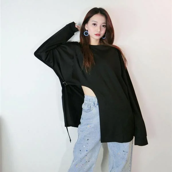 End Of The Year New Women Hollow Out Split Pleated Full Sleeve Drawstring 2020 Winter Loose Tee Top End Of The Year New Women Hollow Out Split Pleated Full Sleeve Drawstring 2020 Winter Loose Tee Top