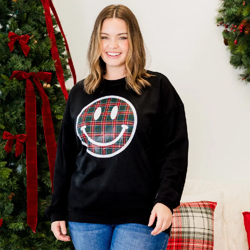 Classic Items Plaid Smiley Pullover, Black