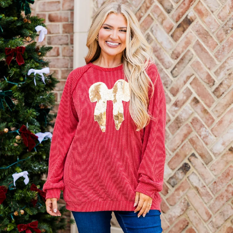 Stylish Wear Ribbons And Romance Pullover, Red
