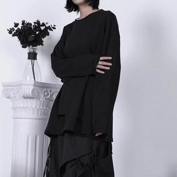 Double-sided Wear Solid Color Hole T Shirt Women Casual Loose Fashion O Neck Collar Pullover Simplicity Top Double-sided Wear Solid Color Hole T Shirt Women Casual Loose Fashion O Neck Collar Pullover Simplicity Top