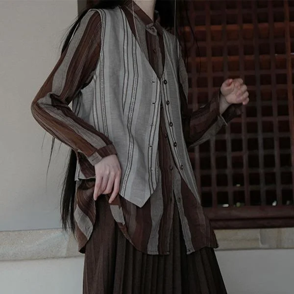 Multifunctional Style Vintage Striped Patchwork Vest Women Winter V Neck Top